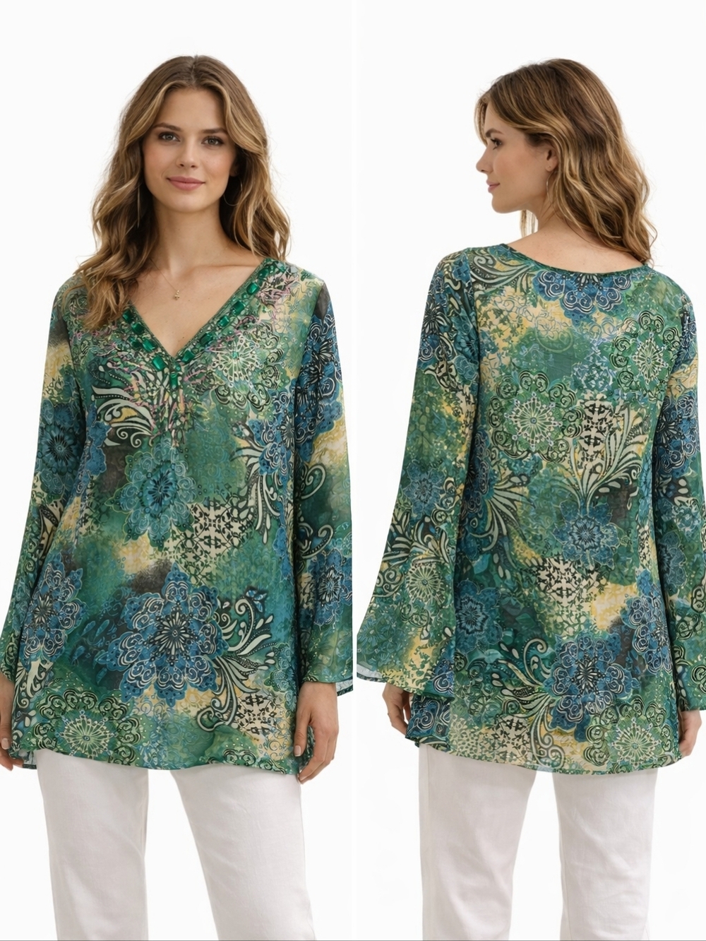 RAVIYA Tunic Blouse Womens Large Green Blue Beaded Boho Forest Fairy Bell Sleeve